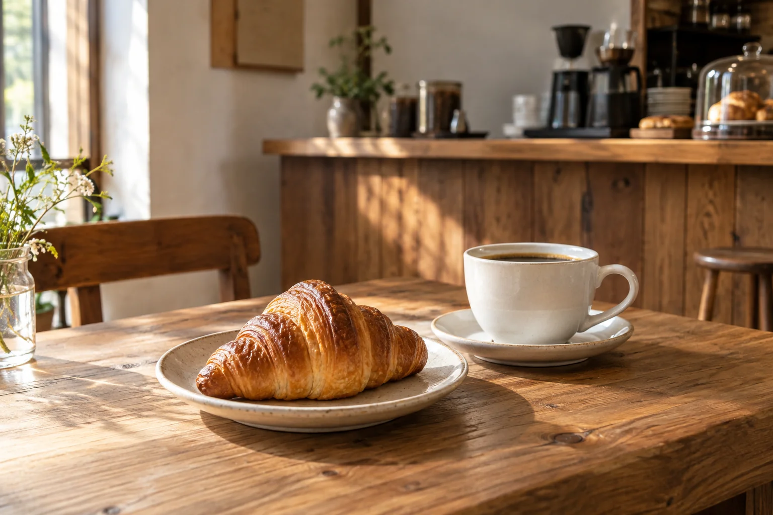 珈琲とクロワッサンを置いた、明るい喫茶店のAI生成イメージ