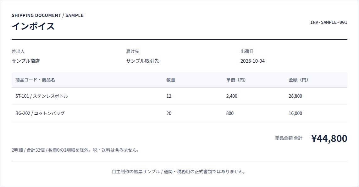 明細から生成したインボイスの実画面。数量0の品目を除外し、金額を集計（自主制作）